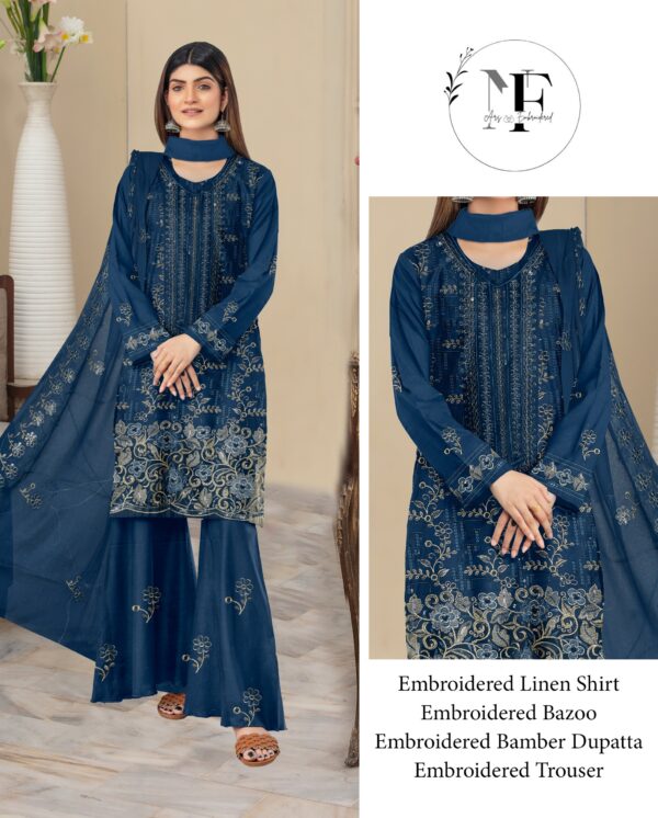 Embroidered Linen 4 PCS Unstitched Suit Blue for Women