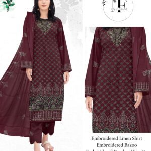 Embroidered Linen 4 PCS Unstitched Suit Maroon for Women