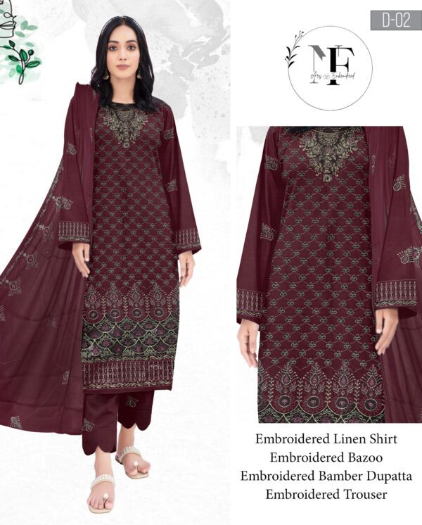 Embroidered Linen 4 PCS Unstitched Suit Maroon for Women