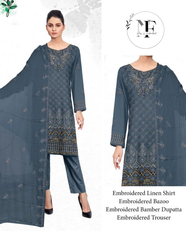 Embroidered Linen 4 PCS Unstitched Suit Grey for Women
