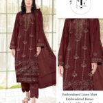 Embroidered Linen 4 PCS Unstitched Suit Maroon for Women