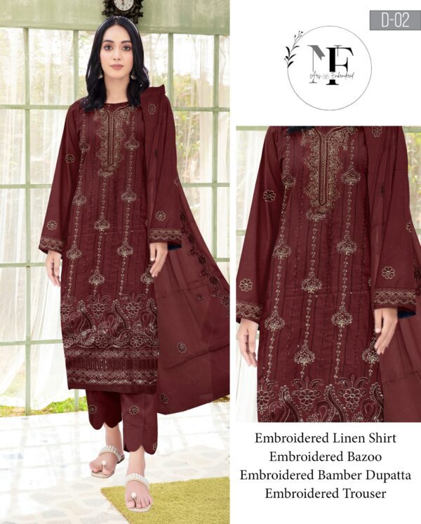 Embroidered Linen 4 PCS Unstitched Suit Maroon for Women