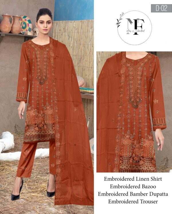 Embroidered Linen 4 PCS Unstitched Suit Orange for Women