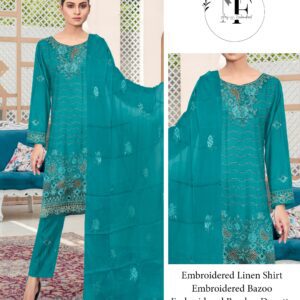 Embroidered Linen 4 PCS Unstitched Suit Firozi for Women