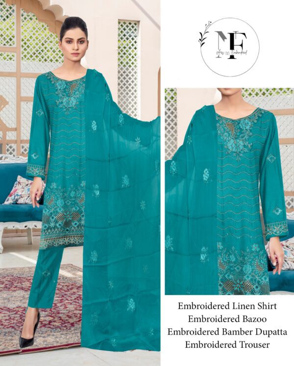 Embroidered Linen 4 PCS Unstitched Suit Firozi for Women