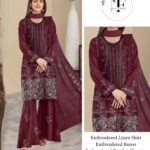 Embroidered Linen 4 PCS Unstitched Suit Dark Maroon for Women