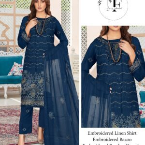 Embroidered Linen 4 PCS Unstitched Suit Blue for Women
