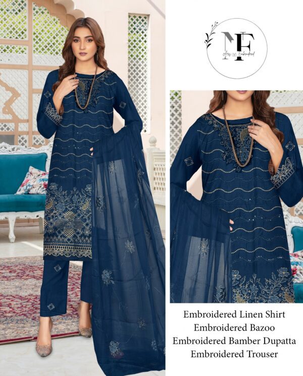 Embroidered Linen 4 PCS Unstitched Suit Blue for Women