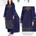 Embroidered Linen 4 PCS Unstitched Suit Dark Blue for Women