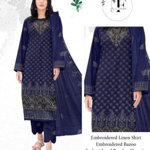 Embroidered Linen 4 PCS Unstitched Suit Dark Blue for Women
