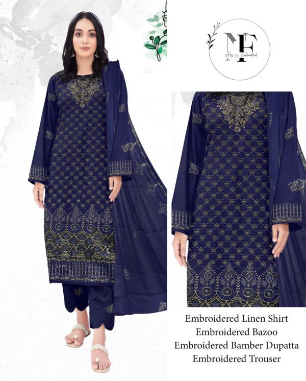 Embroidered Linen 4 PCS Unstitched Suit Dark Blue for Women