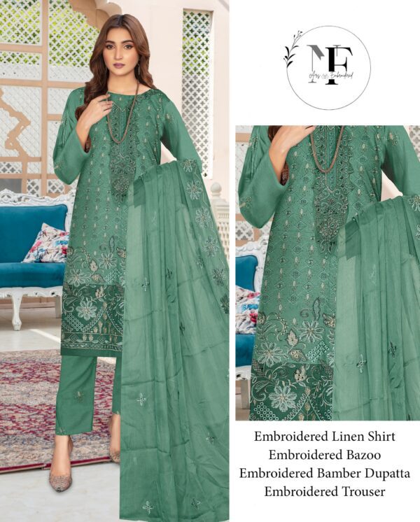 Embroidered Linen 4 PCS Unstitched Suit Mint for Women