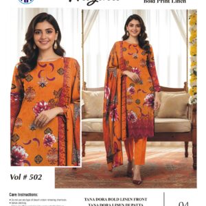 Tana Dora Bold Print Linen 3 PCS Unstitched Orange Suit for Women