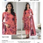 Tana Dora Bold Print Linen 3 PCS Unstitched Peach Pink Suit for Women