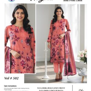 Tana Dora Bold Print Linen 3 PCS Unstitched Peach Pink Suit for Women