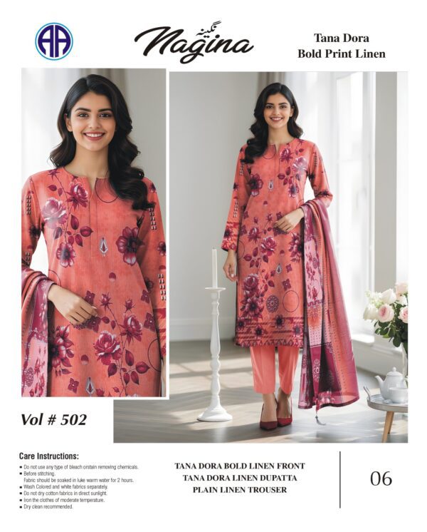 Tana Dora Bold Print Linen 3 PCS Unstitched Peach Pink Suit for Women