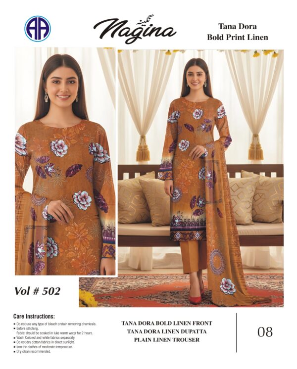 Tana Dora Bold Print Linen 3 PCS Unstitched Mustard Suit for Women