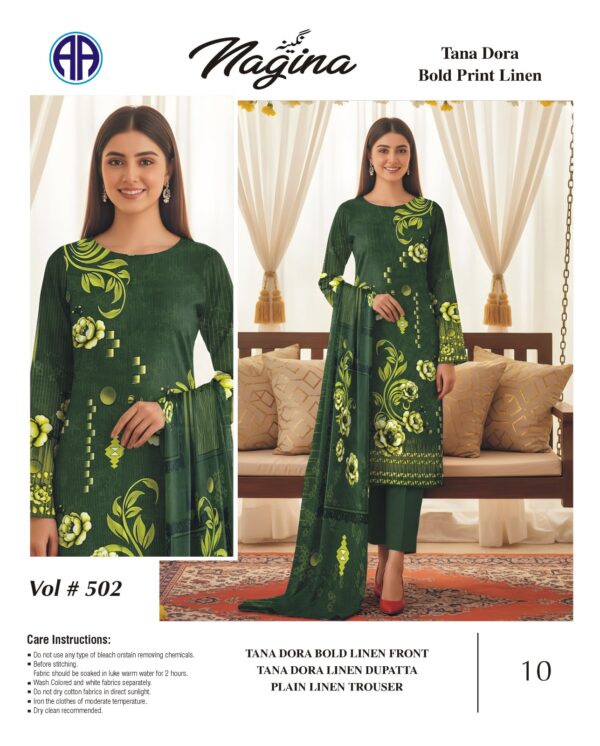 Tana Dora Bold Print Linen 3 PCS Unstitched Green Suit for Women