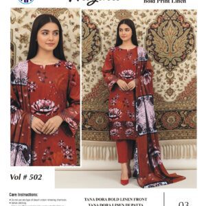 Tana Dora Bold Print Linen 3 PCS Unstitched Reddish Orange Suit for Women