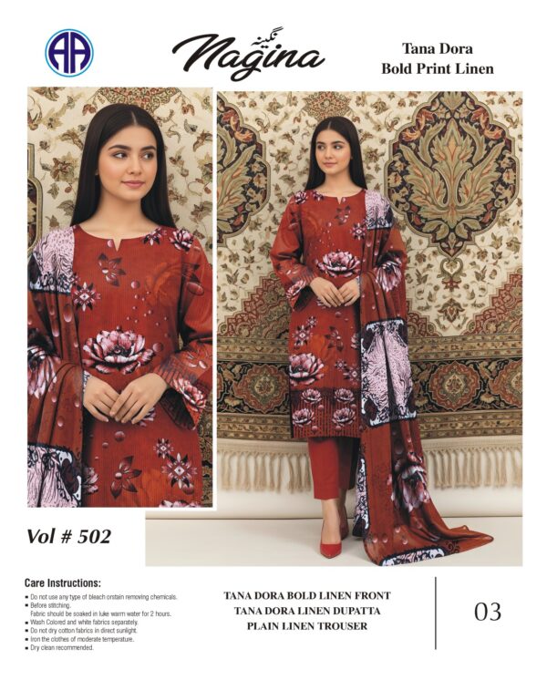 Tana Dora Bold Print Linen 3 PCS Unstitched Reddish Orange Suit for Women